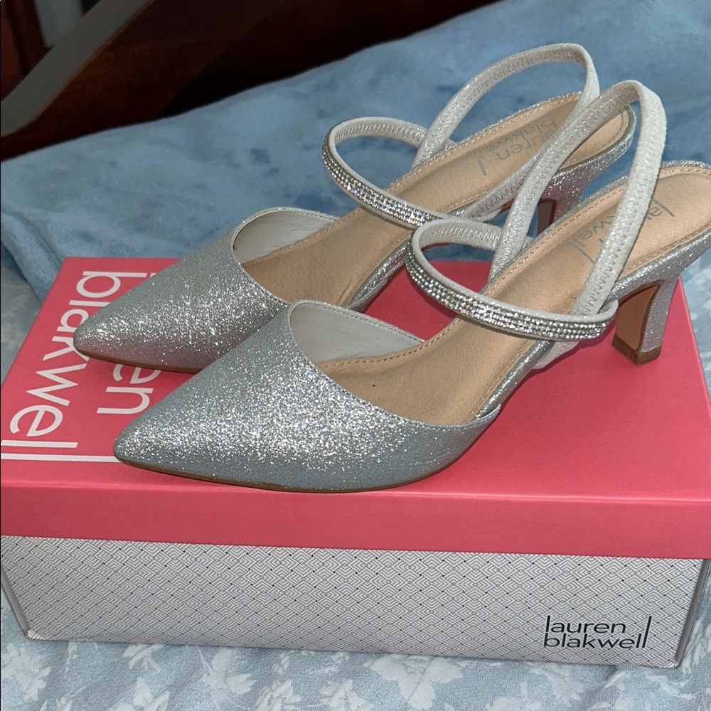 Lauren Blakwell Silver Glitter Slingback Heels 8M